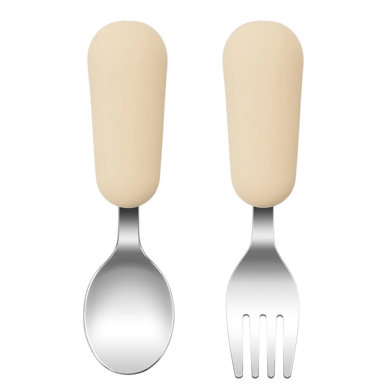 couverts bébé inox et silicone beige cuillère et fourchette apprentissage