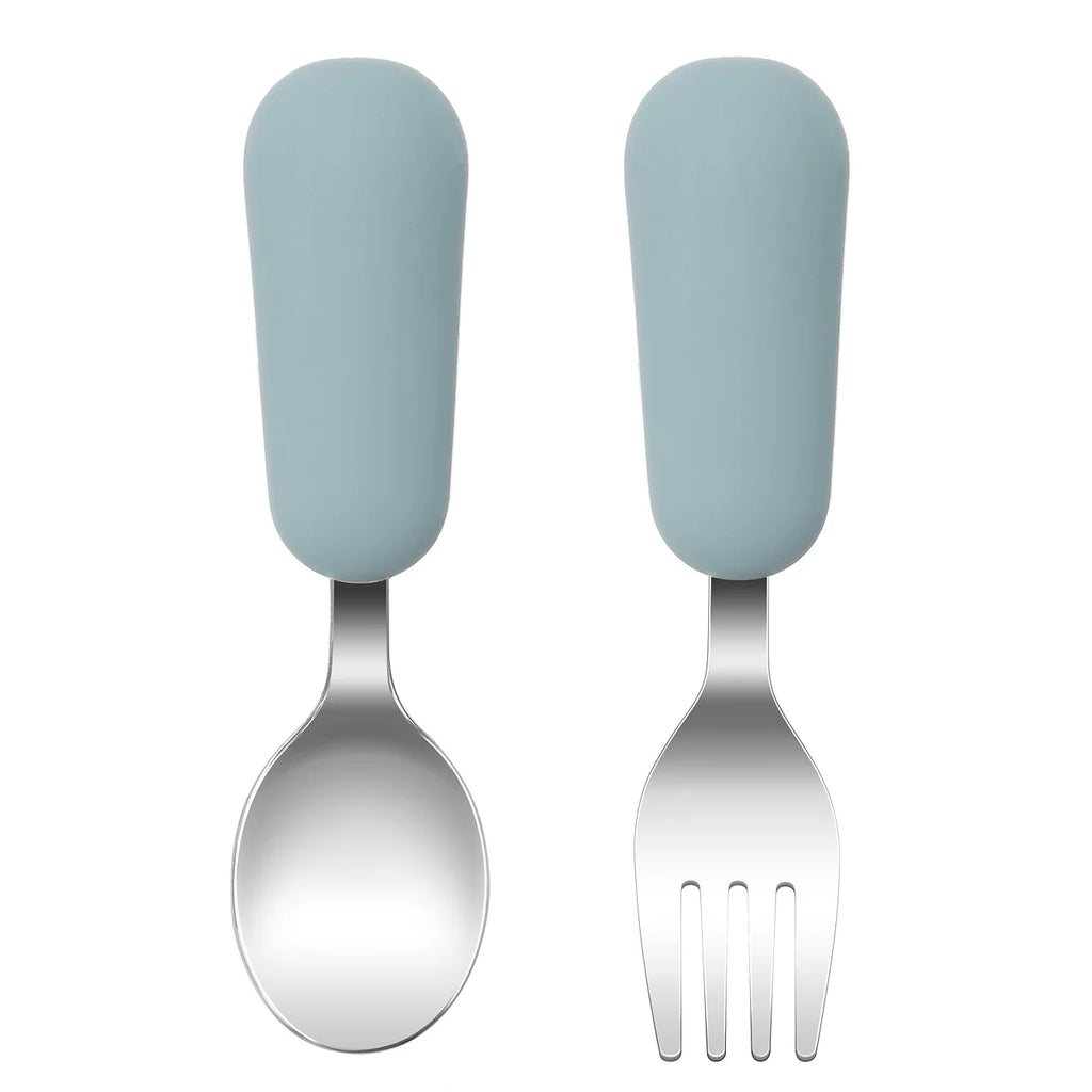 couverts bébé inox et silicone bleu cuillère et fourchette apprentissage