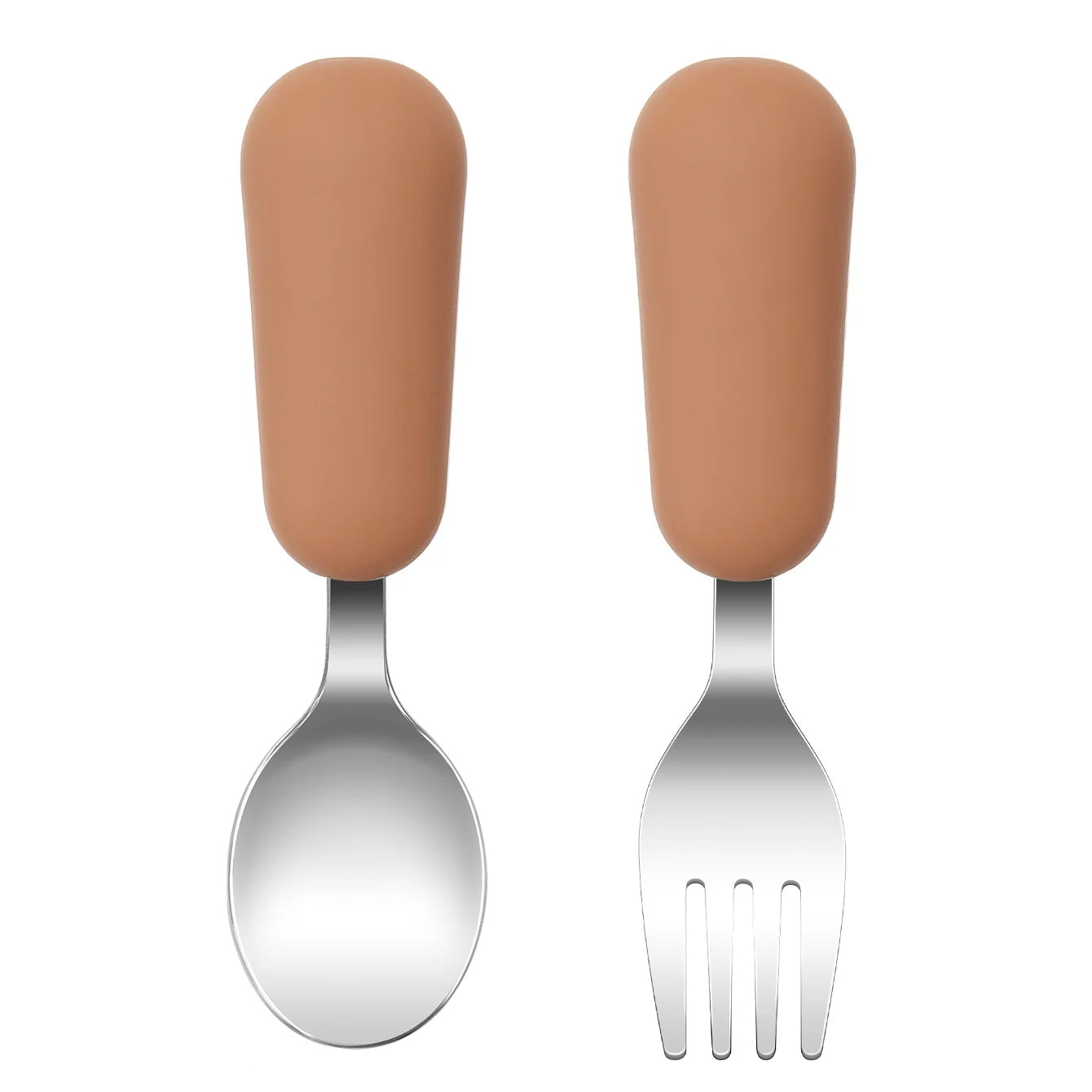 couverts bébé inox et silicone marron cuillère et fourchette apprentissage