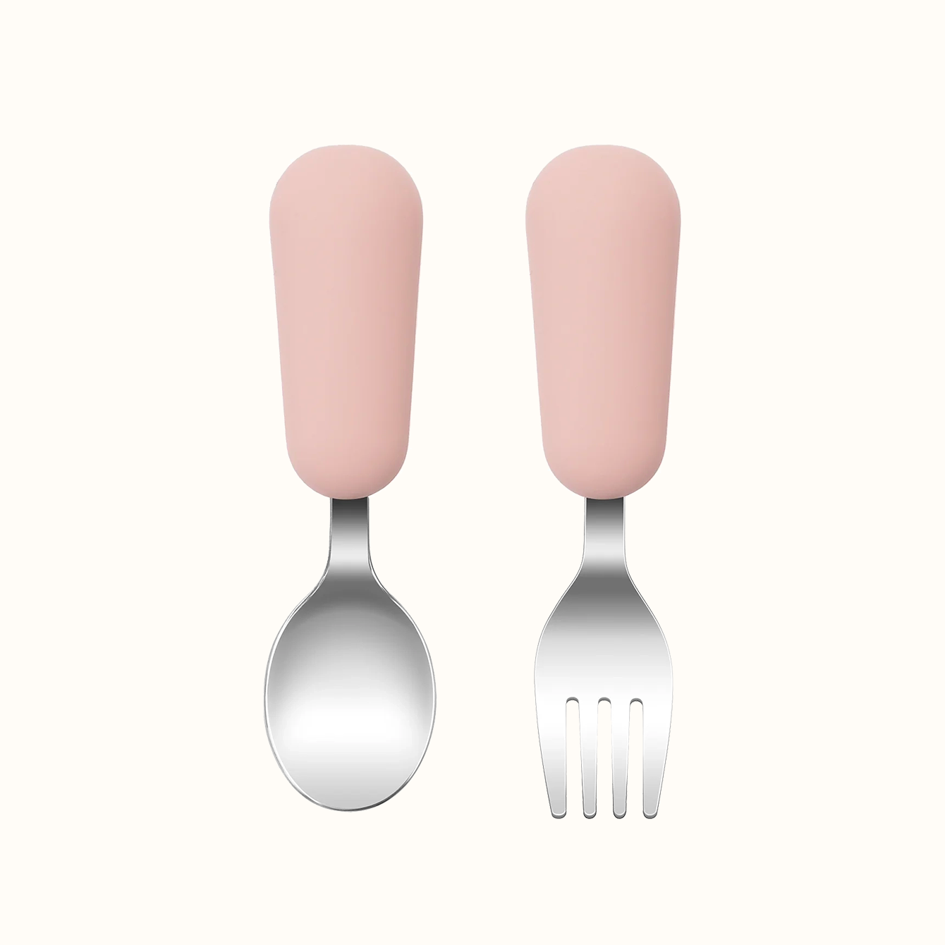 couverts bébé inox et silicone rose clair cuillère et fourchette apprentissage
