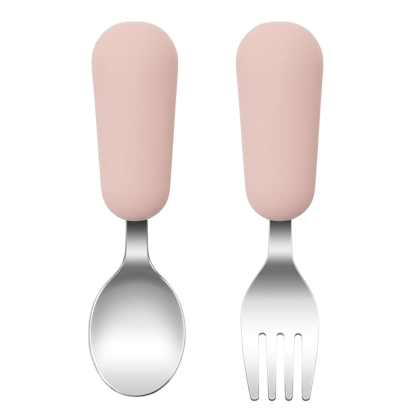 couverts bébé inox et silicone rose clair cuillère et fourchette apprentissage