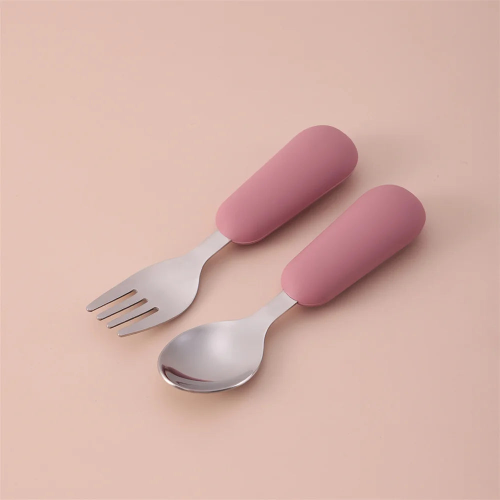 couverts bébé inox et silicone cuillère et fourchette apprentissage dme