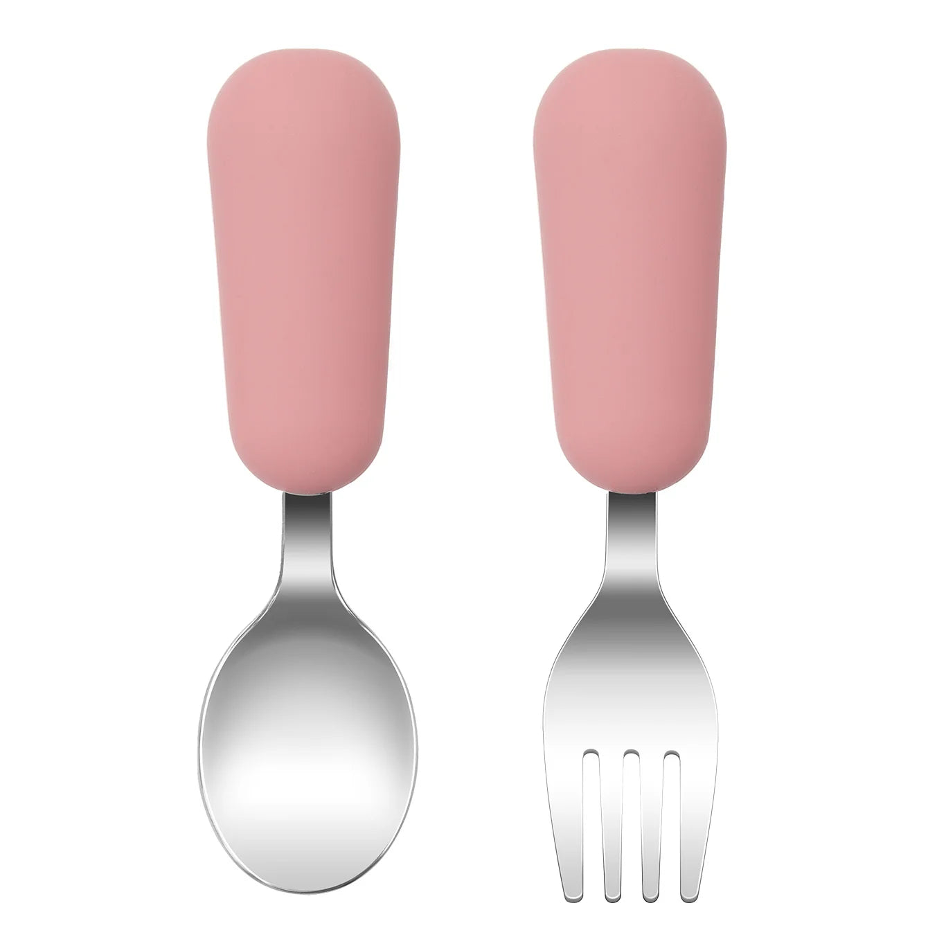 couverts bébé inox et silicone rose cuillère et fourchette apprentissage