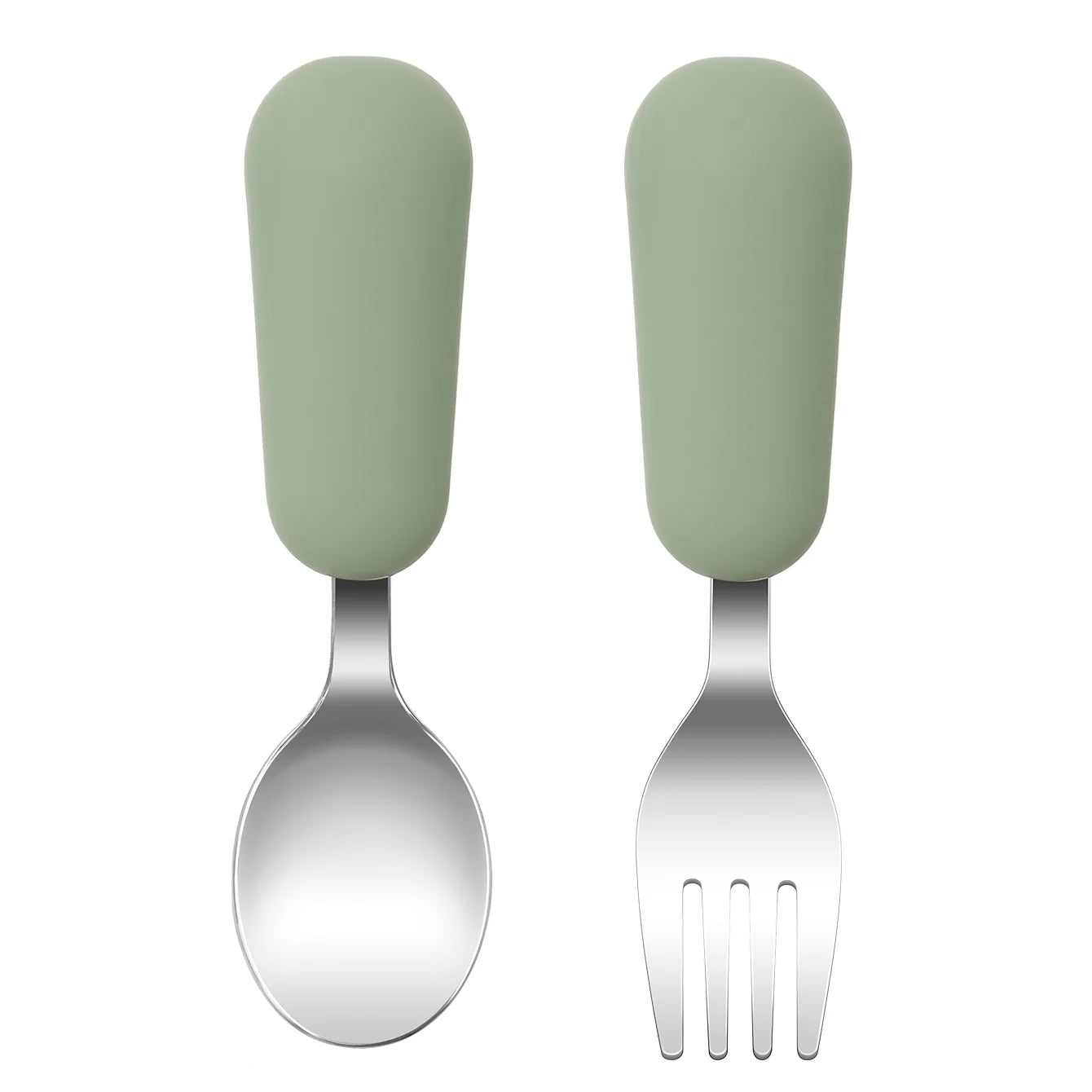 couverts bébé inox et silicone vert cuillère et fourchette apprentissage