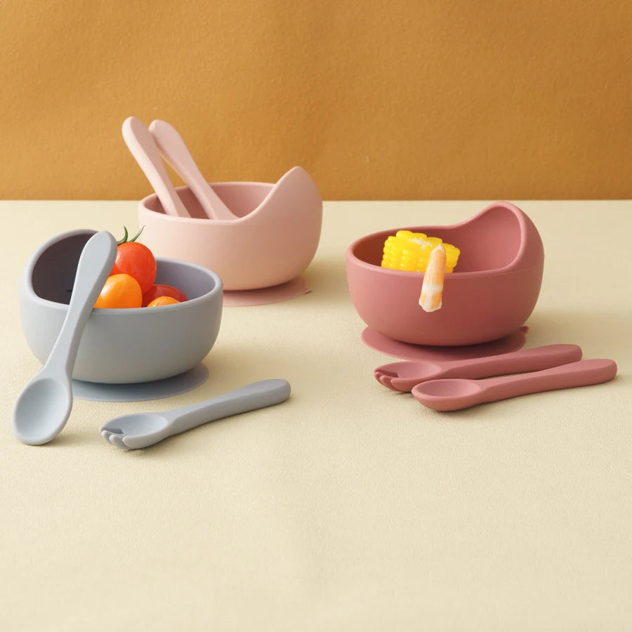 bol bébé silicone ensemble antidérapant avec cuillère et fourchette