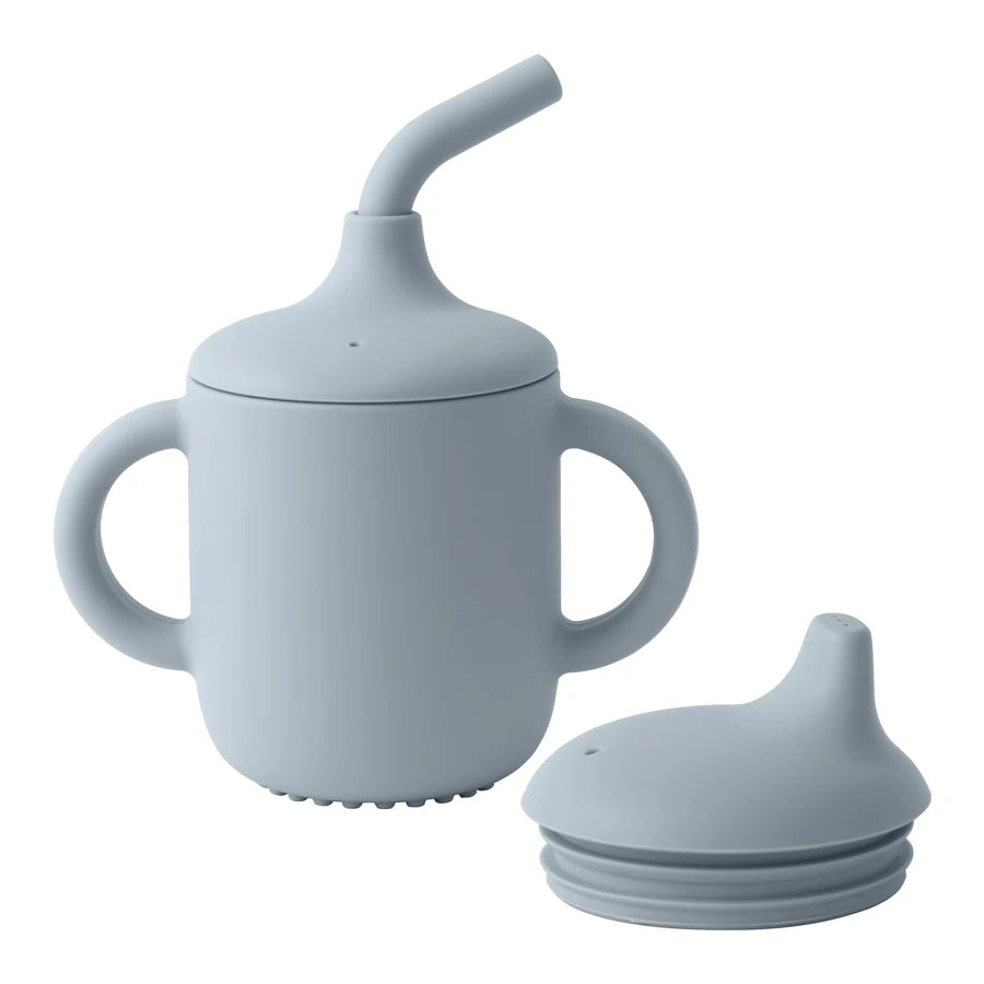 gourde bébé évolutive silicone bleu avec poignées et embout interchangeable