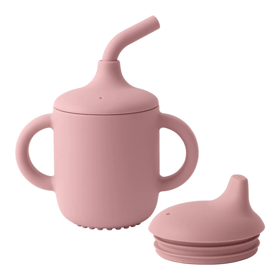 gourde bébé évolutive silicone rose avec poignées et embout interchangeable