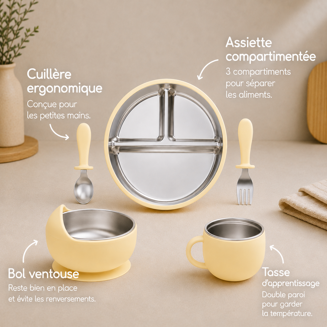 set repas bébé silicone inox 5 pièces descriptifs avec assiette bol tasse