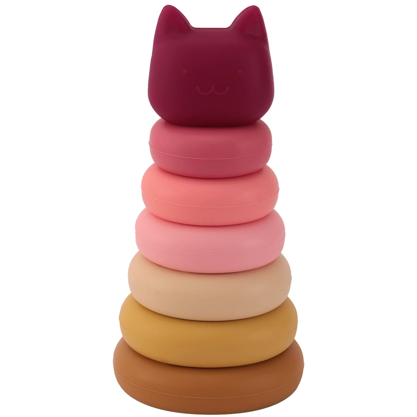 jouet bébé empilable en silicone avec anneaux colorés pour éveil et motricité terracotta doux