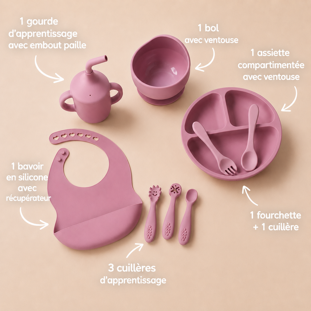 set repas bébé silicone antidérapant 9 pièces assiette bol bavoir tasse couverts