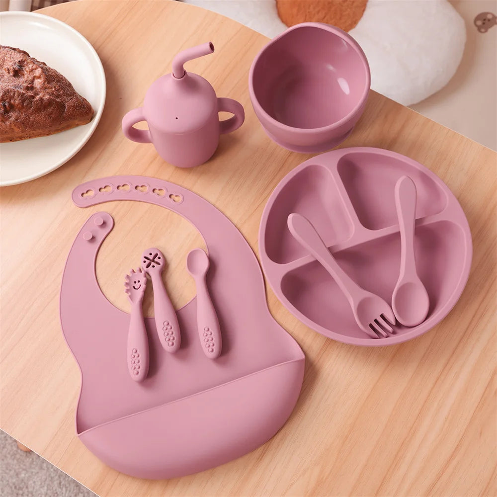 set repas bébé silicone antidérapant 9 pièces assiette bol bavoir tasse couverts