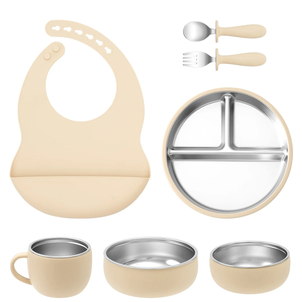 vaisselle bébé complète silicone inox avec bavoir assiette bol tasse
fuite beige