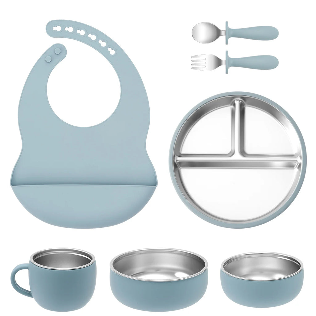 vaisselle bébé complète silicone inox avec bavoir assiette bol tasse
fuite-bleu