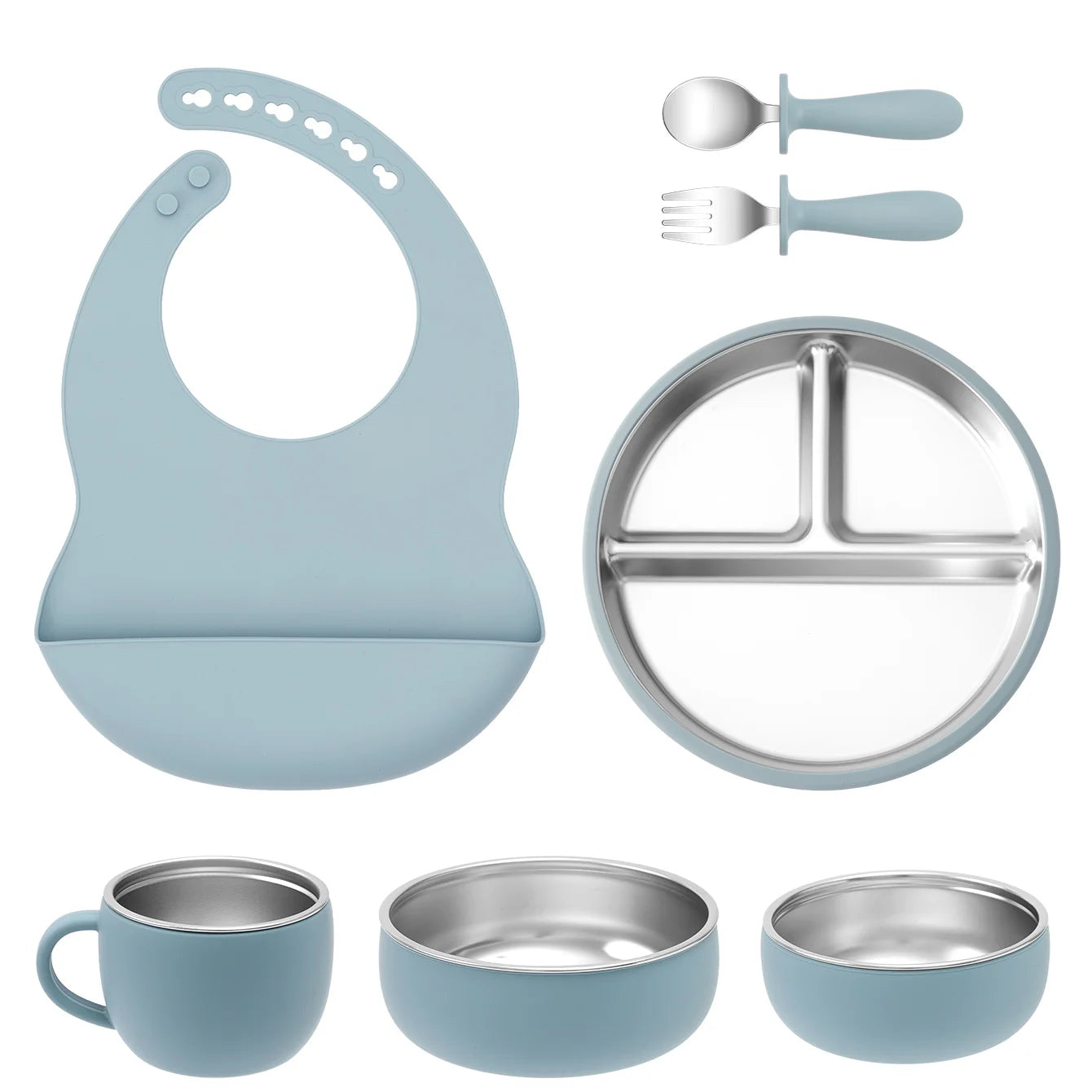 vaisselle bébé complète silicone inox avec bavoir assiette bol tasse
fuite-bleu