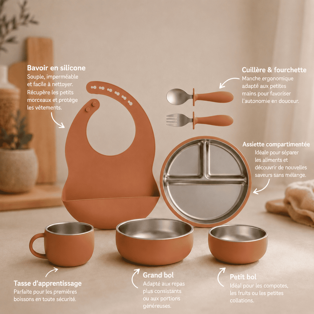 vaisselle bébé complète silicone inox avec bavoir assiette bol tasse
fuite