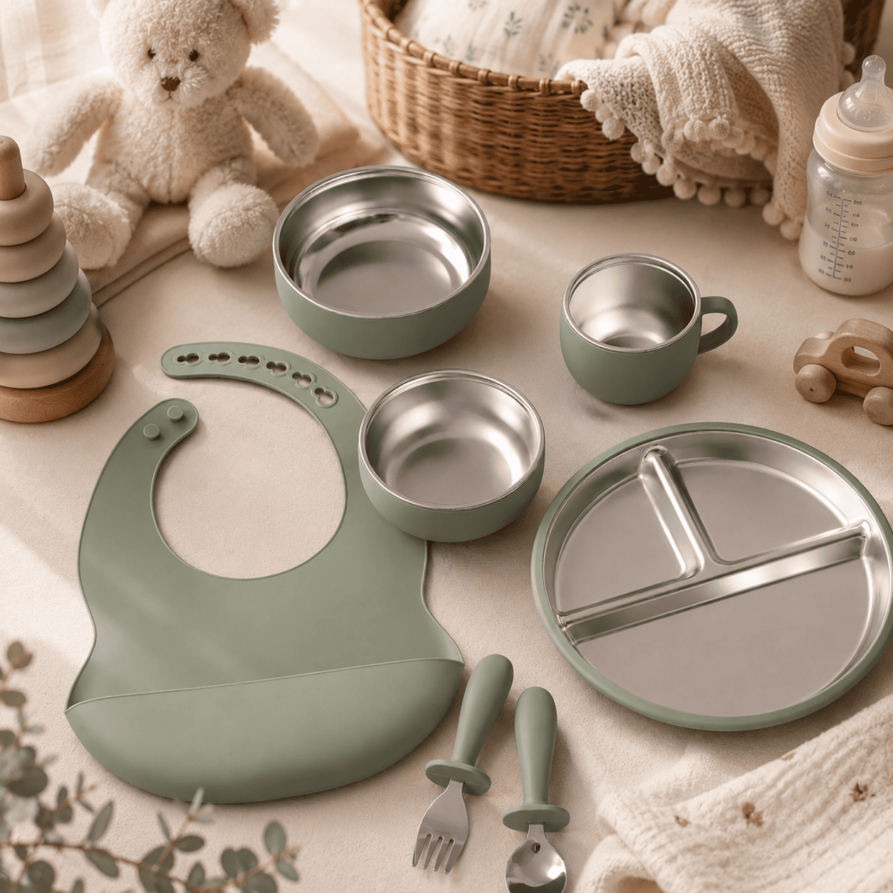 vaisselle bébé complète silicone inox avec bavoir assiette bol tasse
fuite