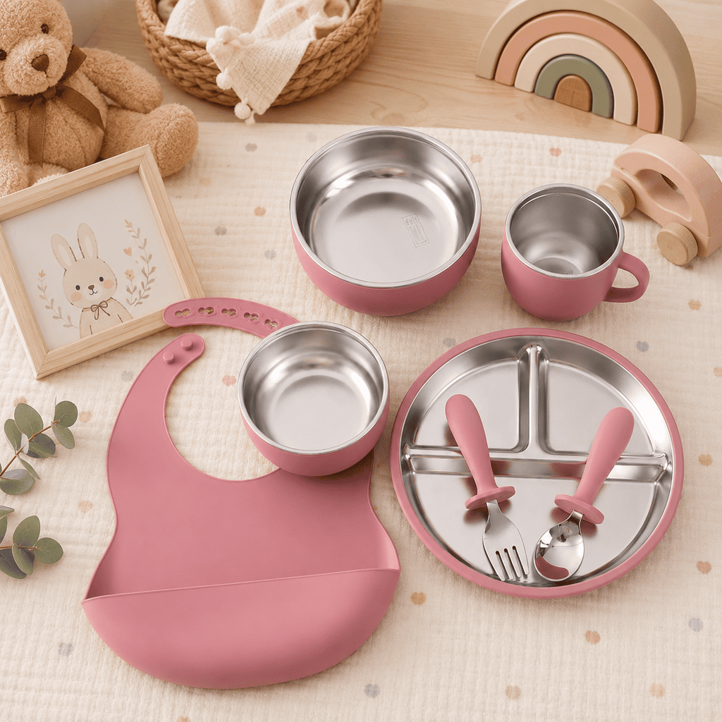 vaisselle bébé complète silicone inox avec bavoir assiette bol tasse
fuite Kit complet