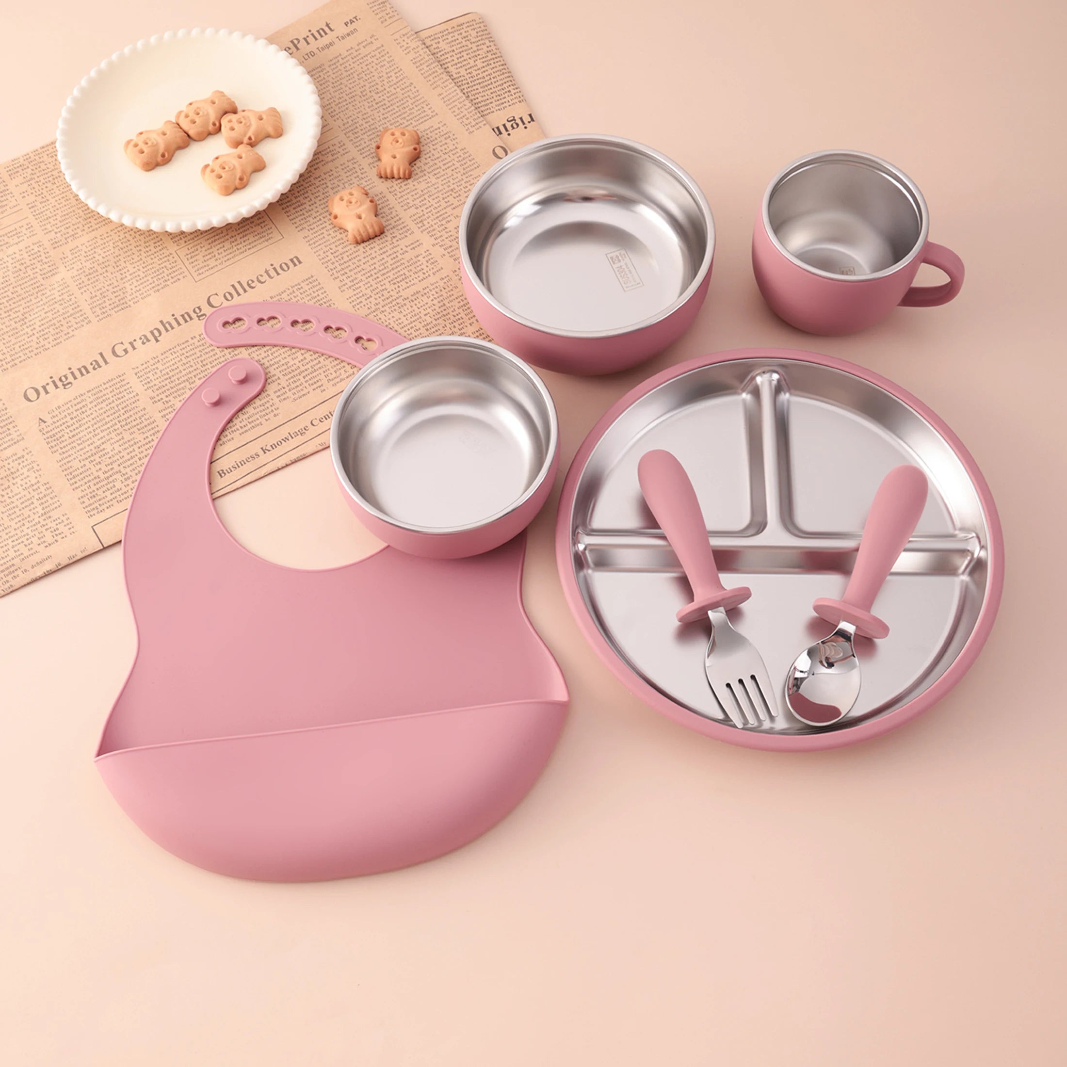 vaisselle bébé complète silicone inox avec bavoir assiette bol tasse
fuite Kit complet
