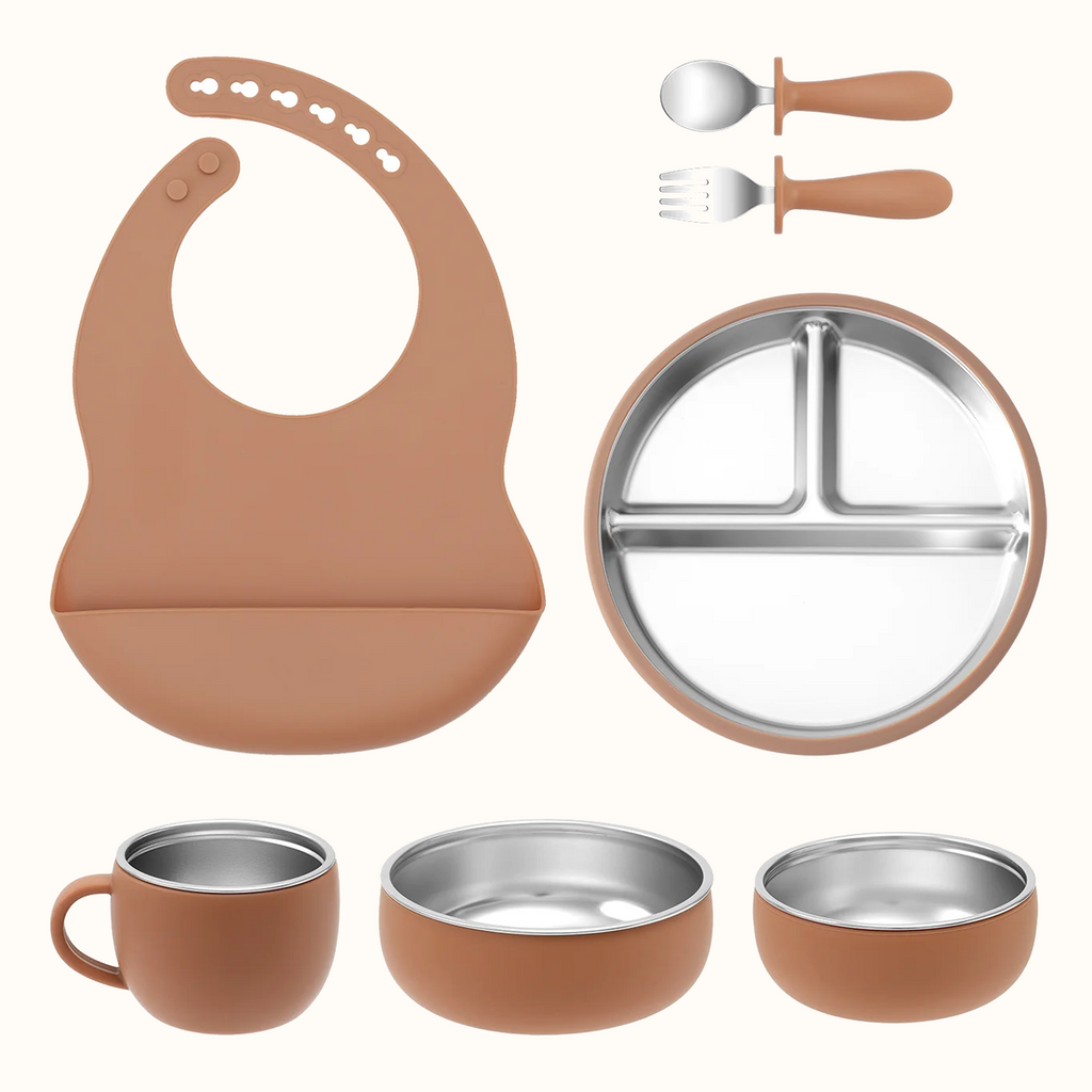 vaisselle bébé complète silicone inox avec bavoir assiette bol tasse
fuite marron