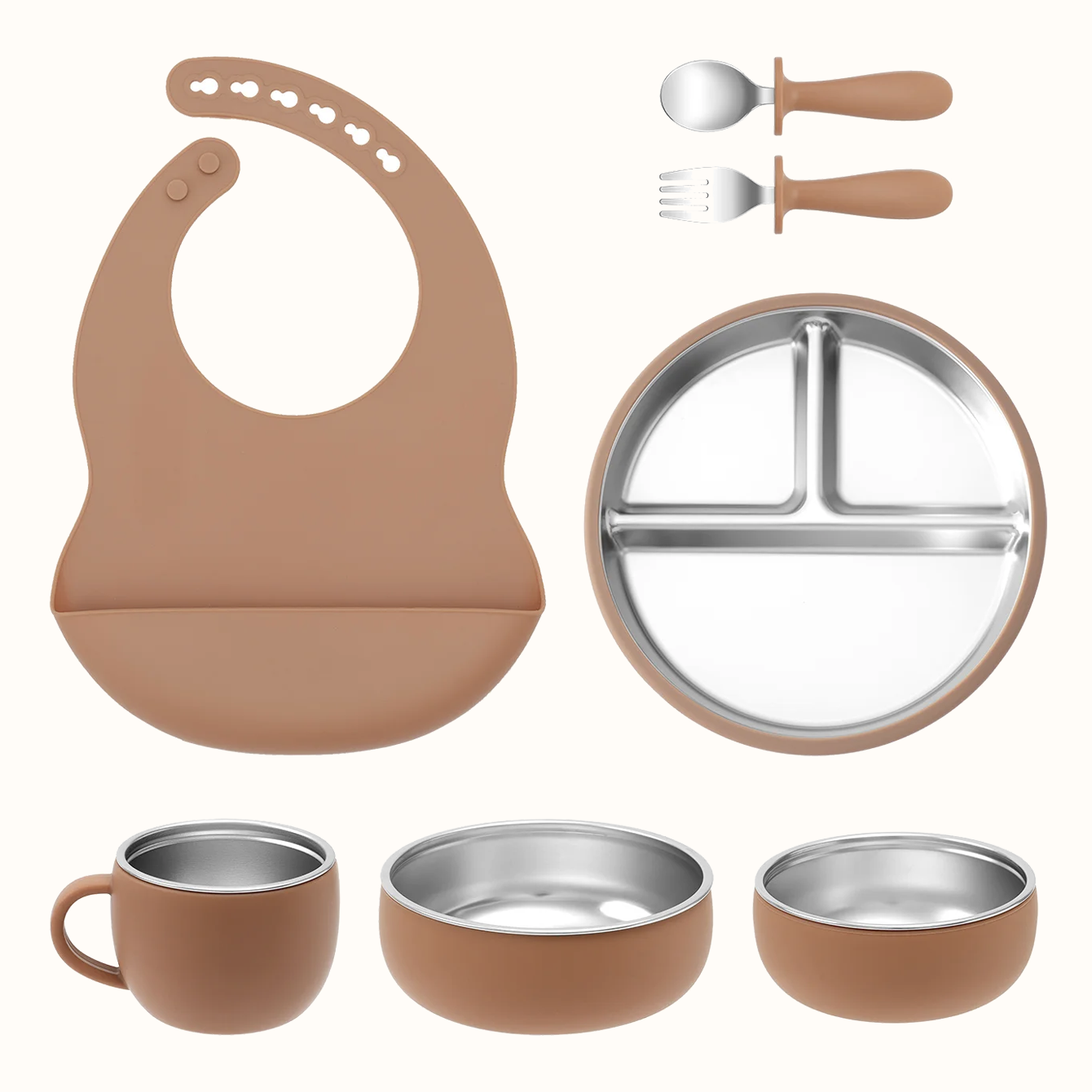 vaisselle bébé complète silicone inox avec bavoir assiette bol tasse
fuite marron