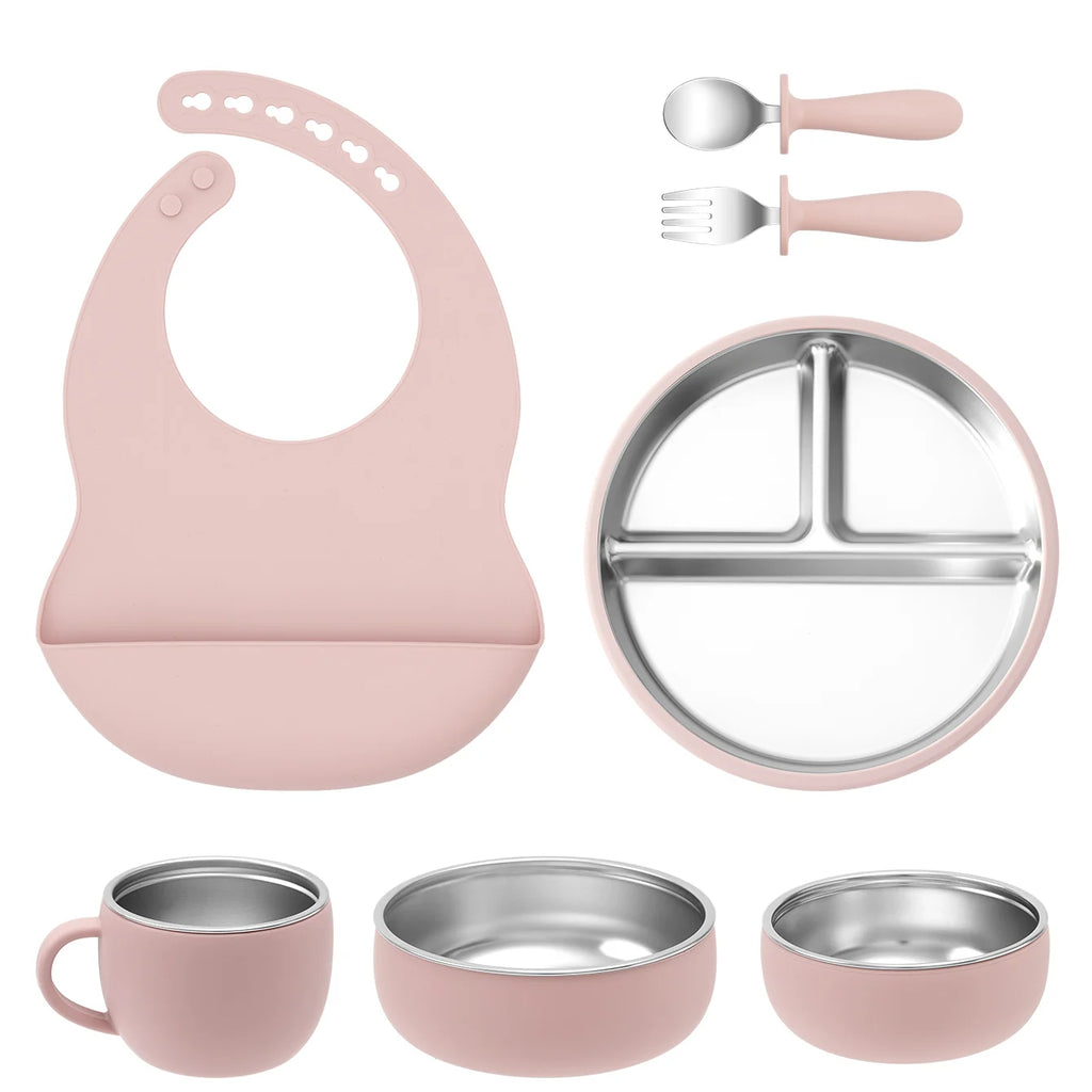vaisselle bébé complète silicone inox avec bavoir assiette bol tasse
fuite rose 