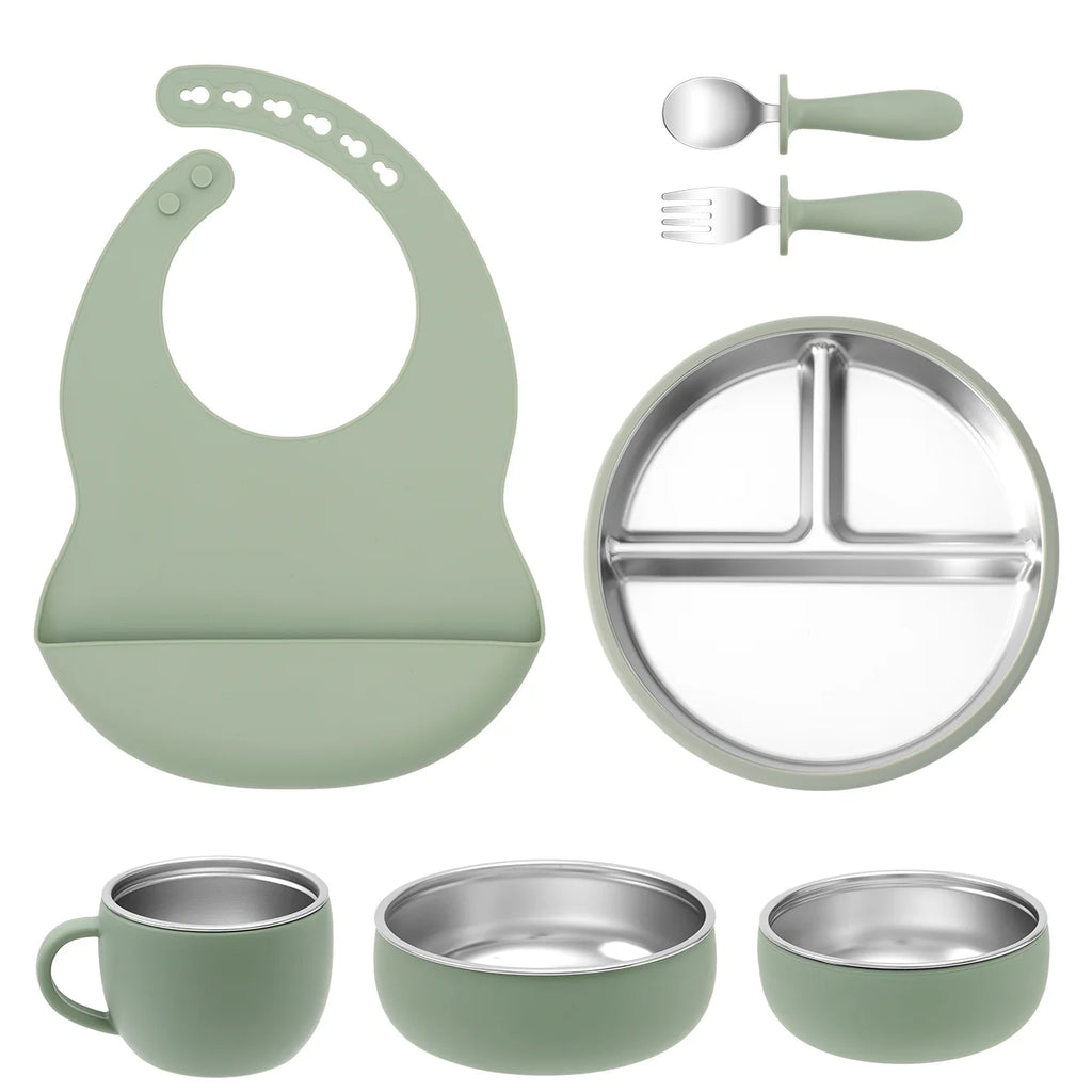 vaisselle bébé complète silicone inox avec bavoir assiette bol tasse
fuite vert