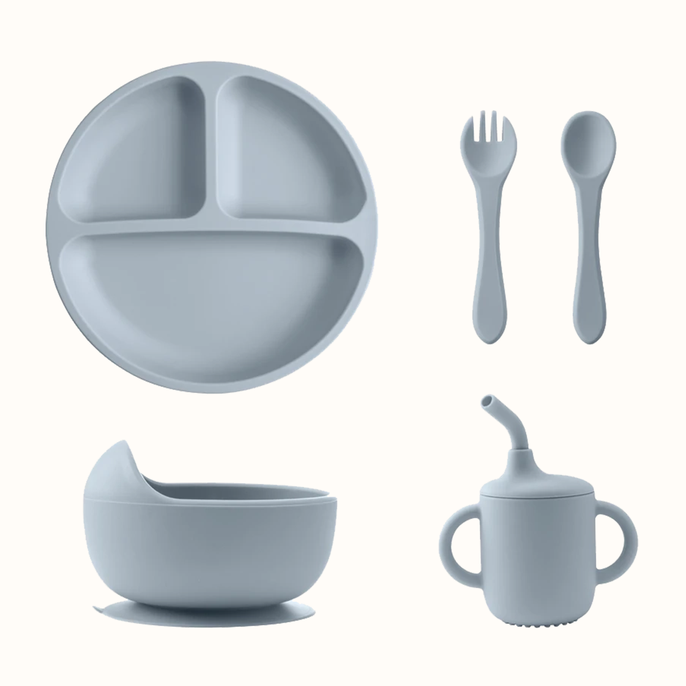 set repas bébé silicone 5 pièces bleu assiette bol tasse couverts