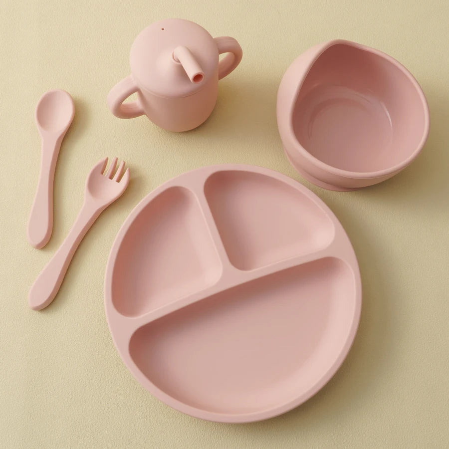 set repas bébé silicone 5 pièces assiette bol tasse couverts