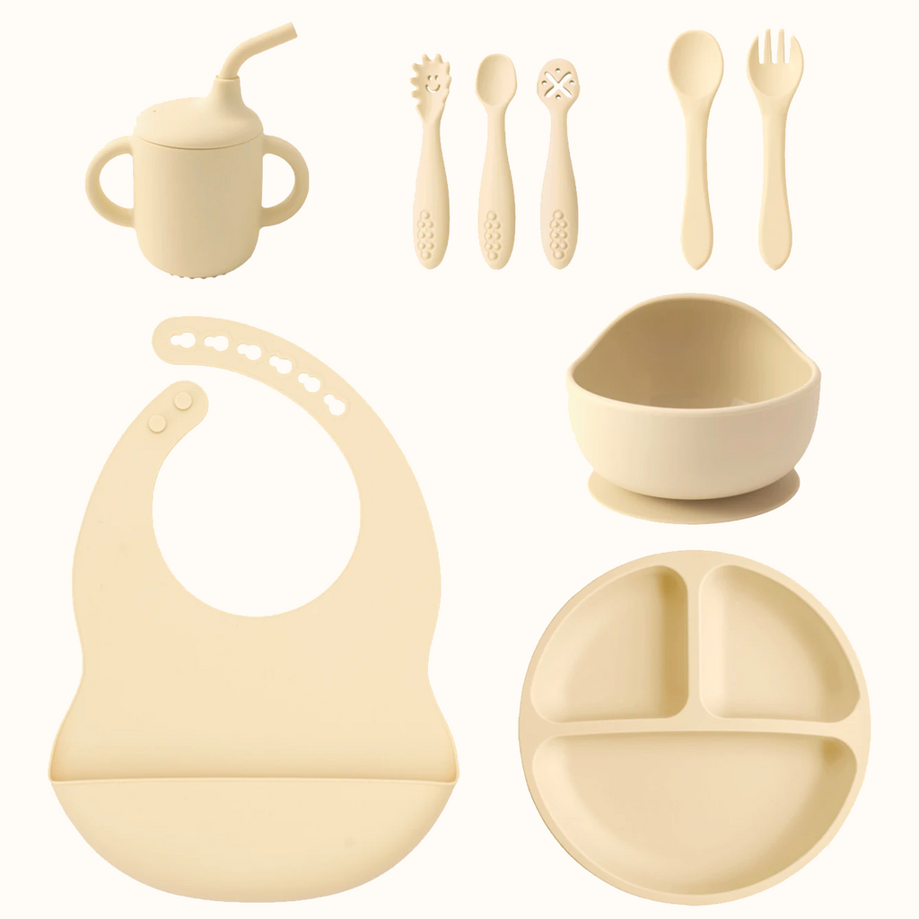 set repas bébé silicone 9 pièces beige assiette bol bavoir tasse couverts 