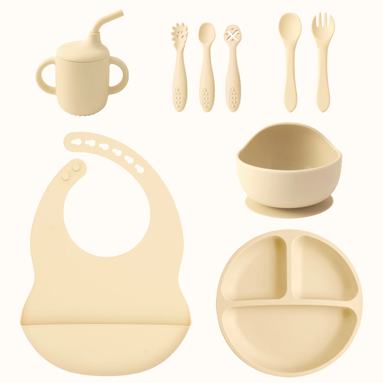 set repas bébé silicone 9 pièces beige assiette bol bavoir tasse couverts 