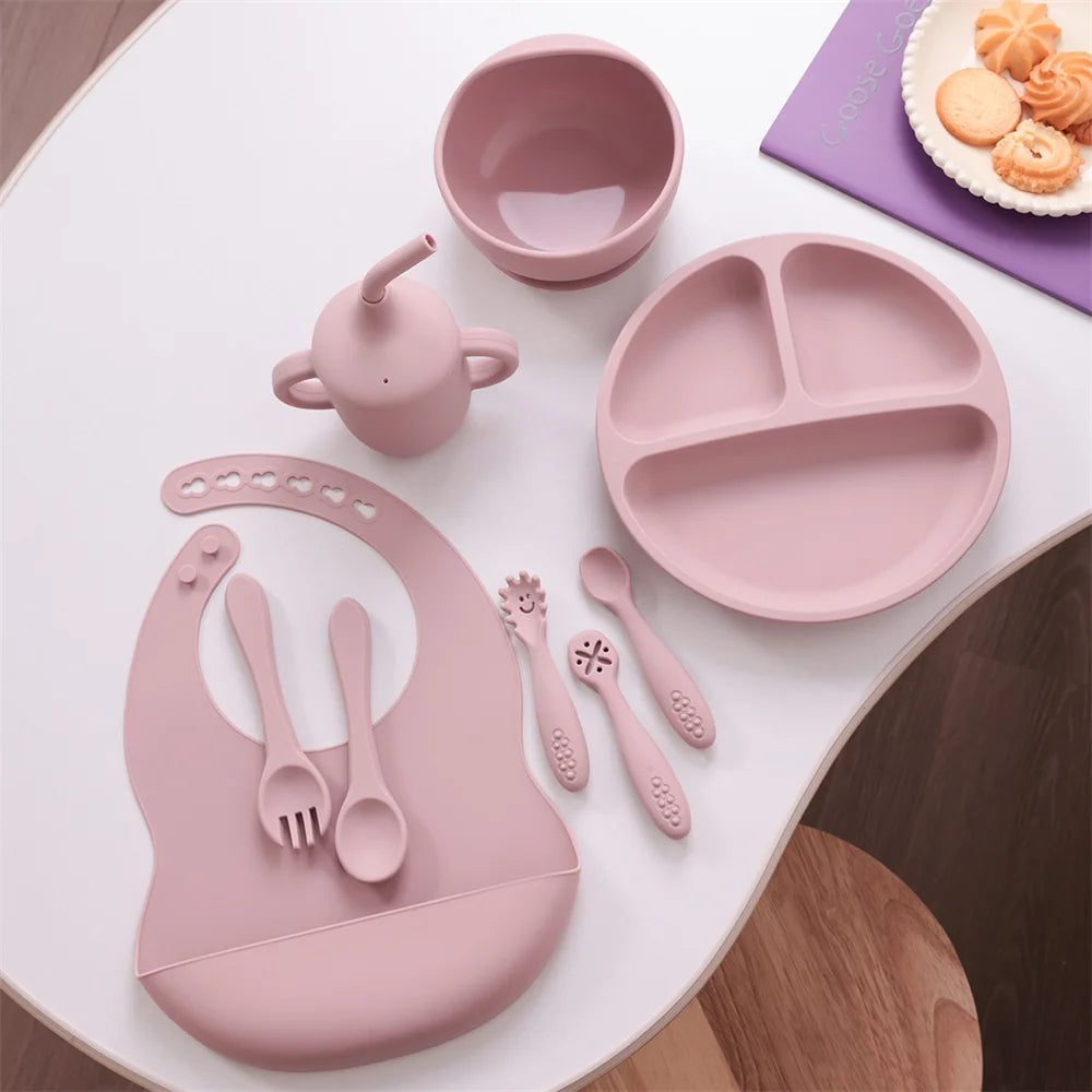 set repas bébé silicone 9 pièces ensemble complet assiette bol bavoir tasse couverts