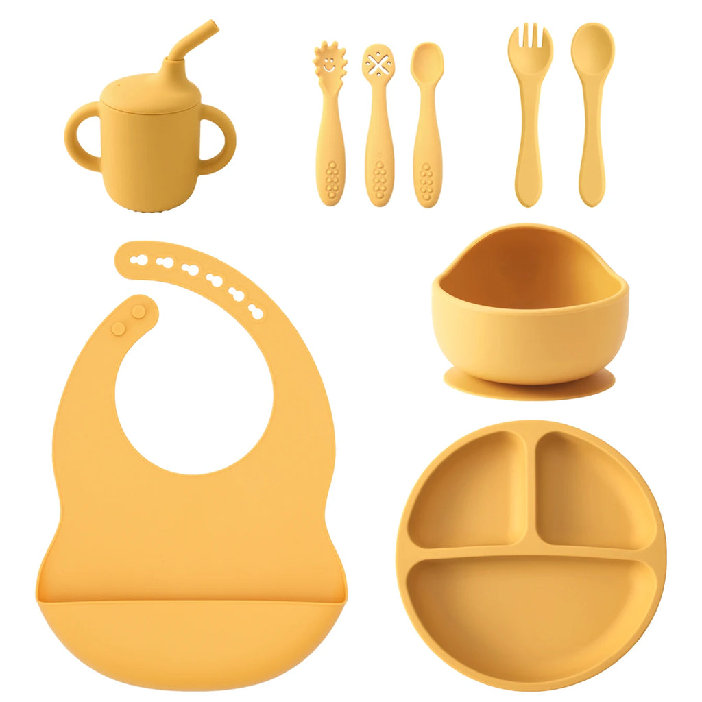 set repas bébé silicone 9 pièces jaune assiette bol bavoir tasse couverts
