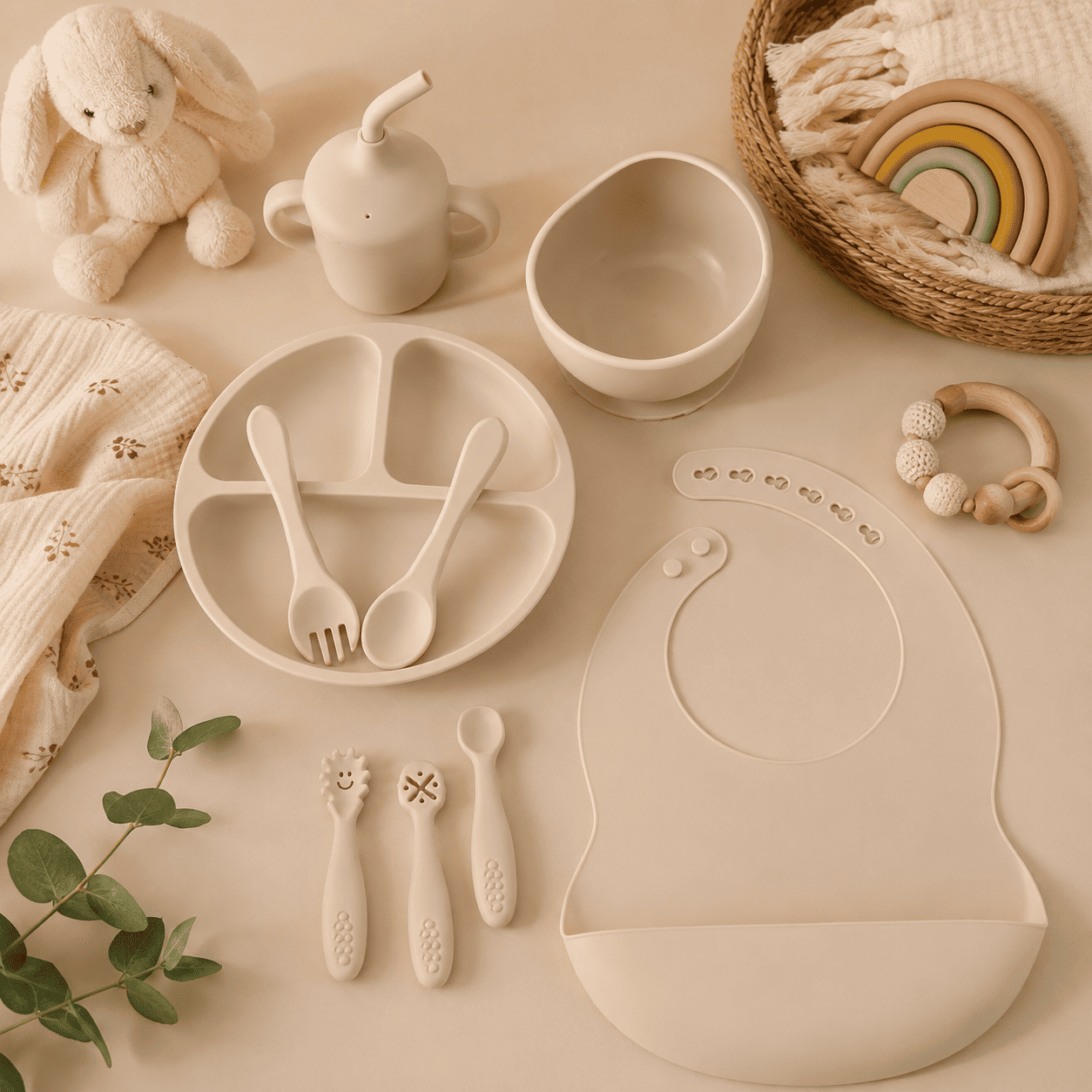 set repas bébé silicone 9 pièces kit assiette bol bavoir tasse couverts