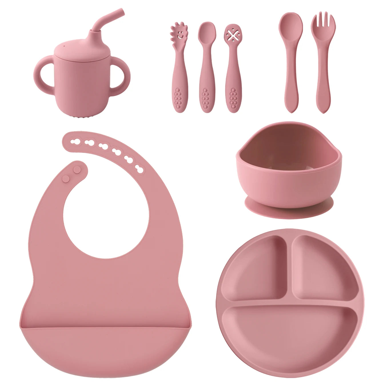 set repas bébé silicone 9 pièces rose assiette bol bavoir tasse couverts