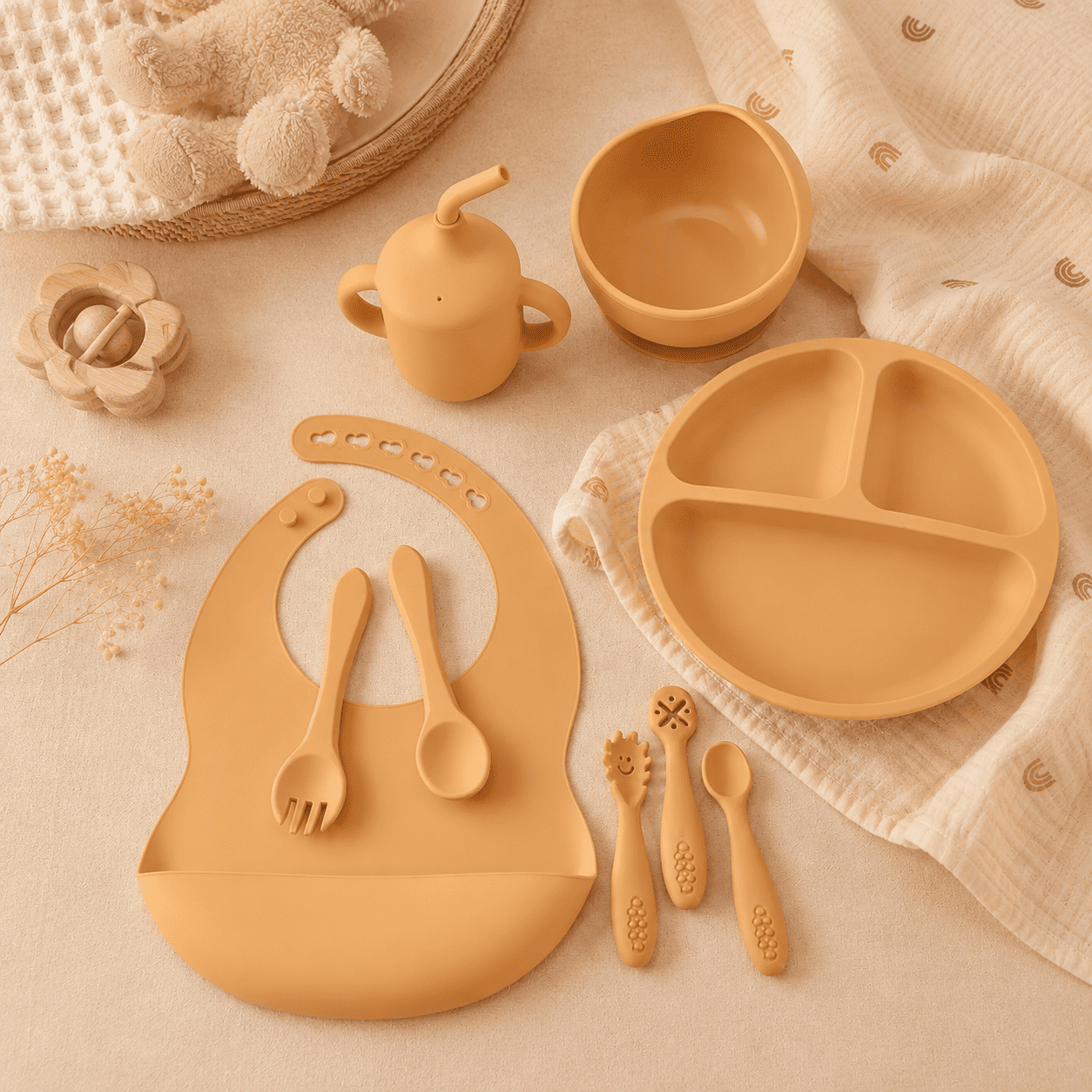 set repas bébé silicone 9 pièces assiette bol bavoir tasse couverts