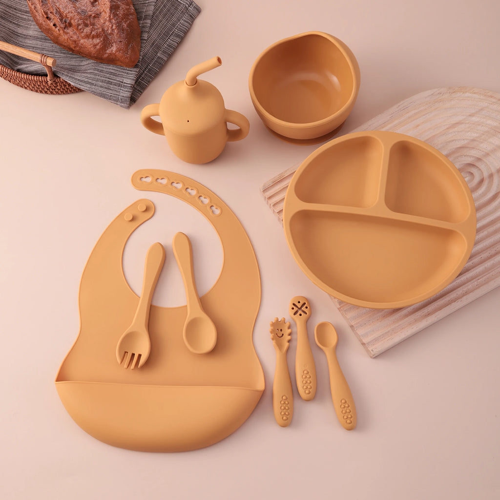 set repas bébé silicone 9 pièces assiette bol bavoir tasse couverts
