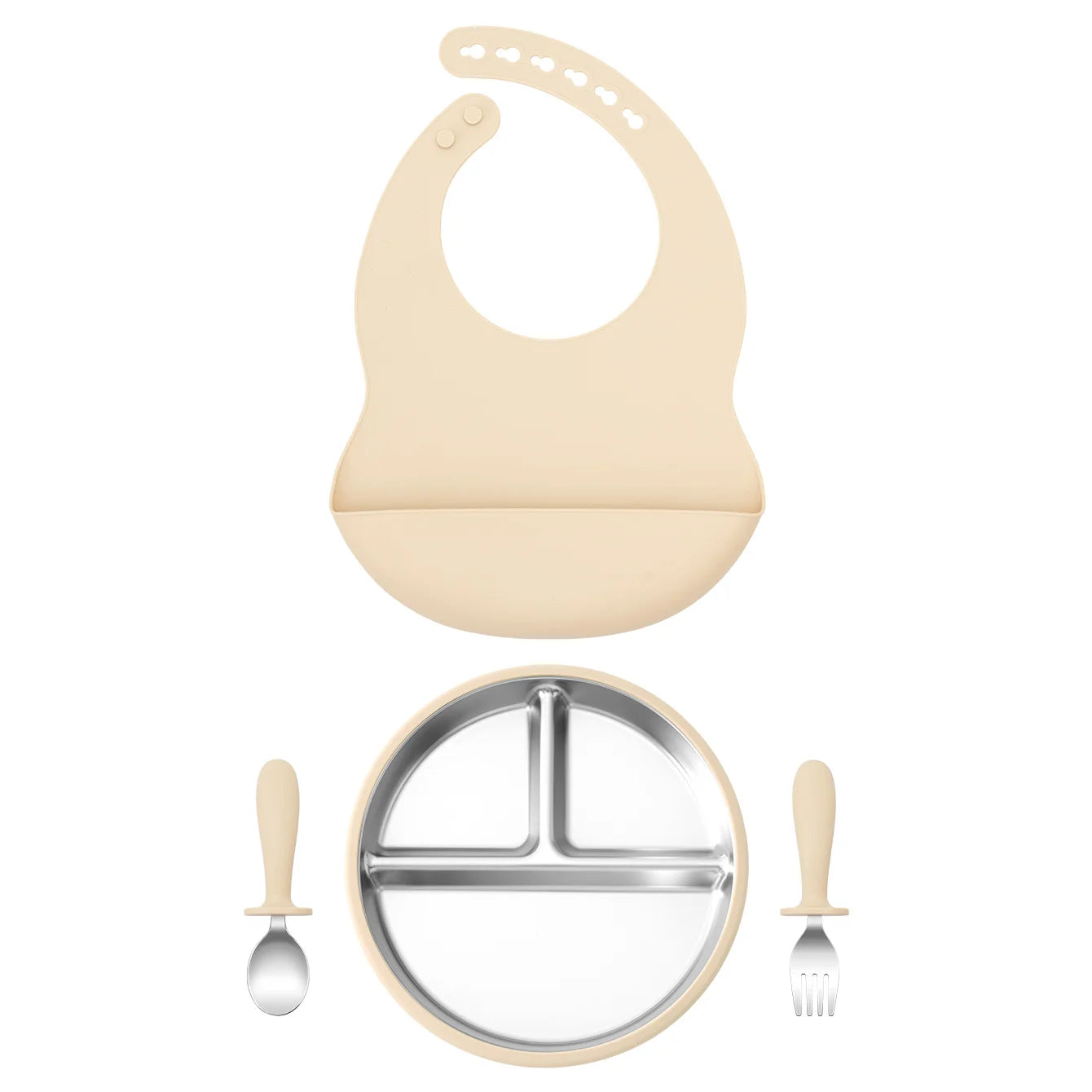 set repas bébé silicone inox 3 pièces beige avec assiette compartimentée cuillère et fourchette