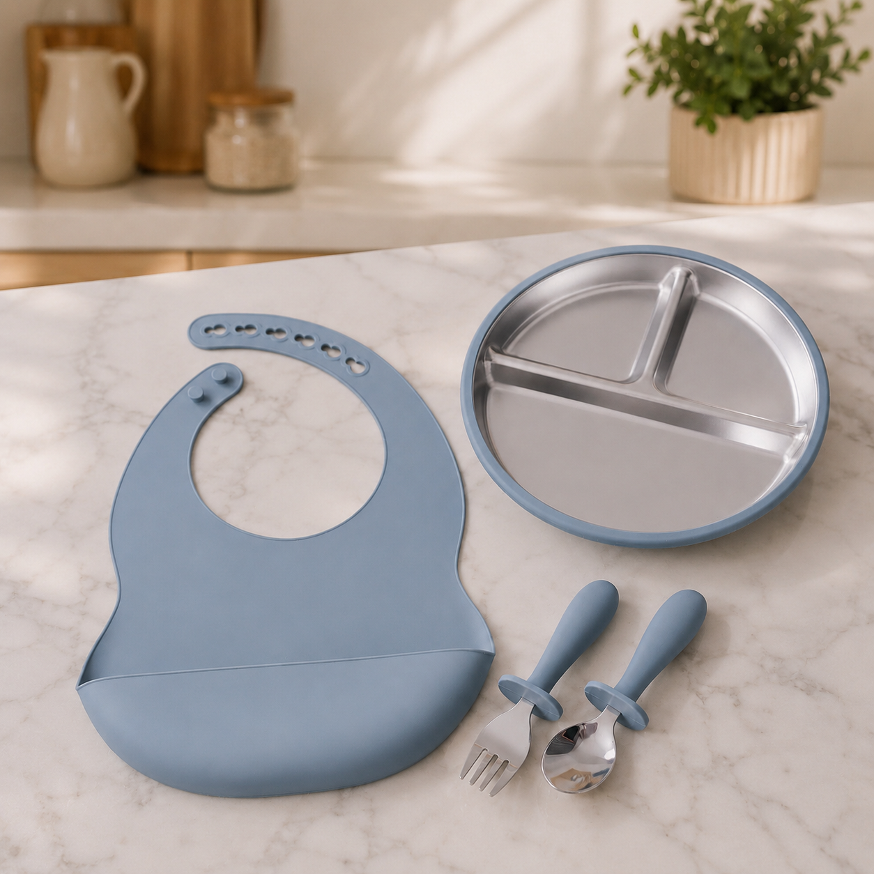 set repas bébé silicone inox 3 pièces avec assiette compartimentée cuillère et fourchette ensemble vaisselles bébé bleu