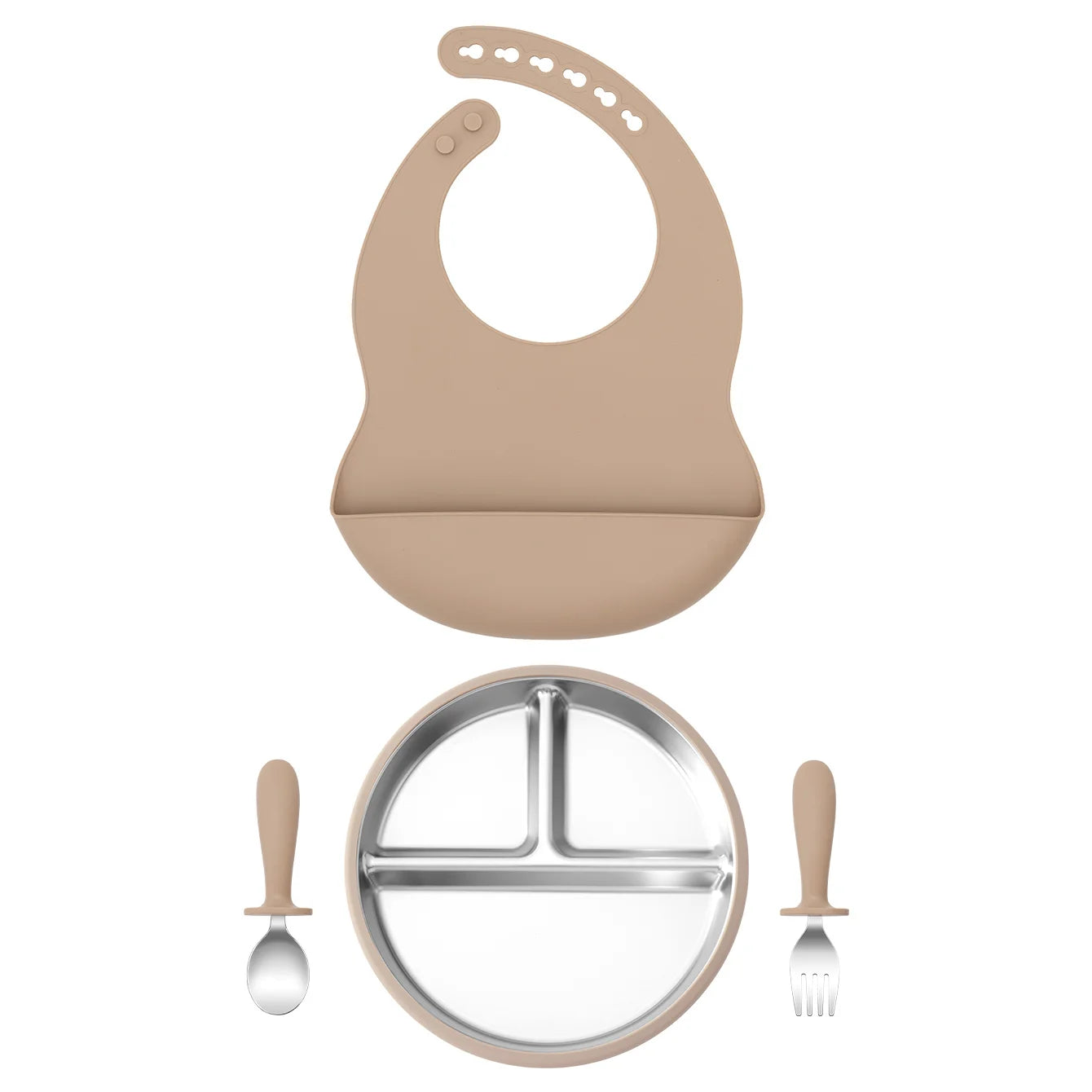 set repas bébé silicone inox 3 pièces marron clair avec assiette compartimentée cuillère et fourchette