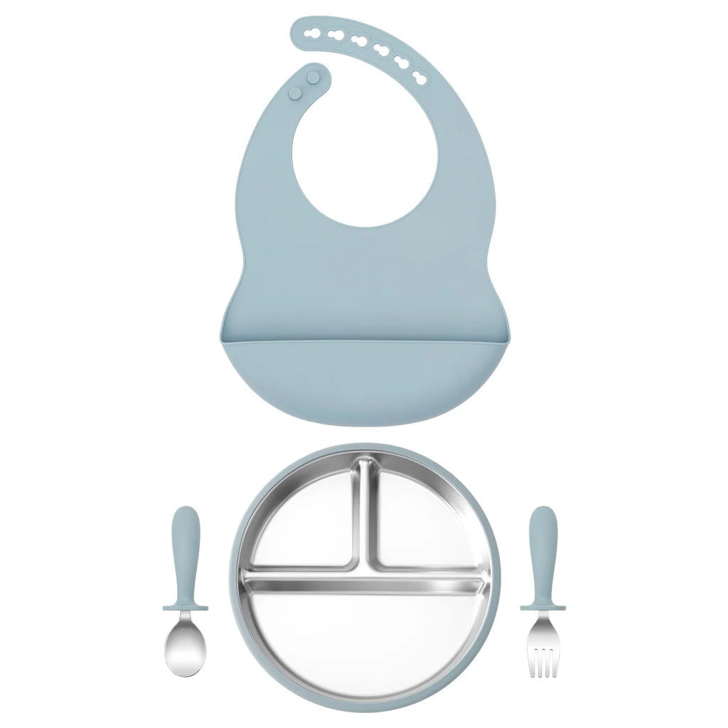 set repas bébé silicone inox 3 pièces bleu avec assiette compartimentée cuillère et fourchette