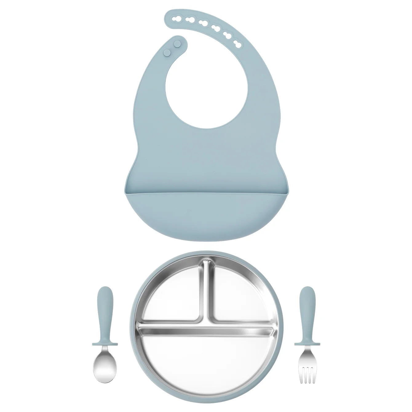 set repas bébé silicone inox 3 pièces bleu avec assiette compartimentée cuillère et fourchette