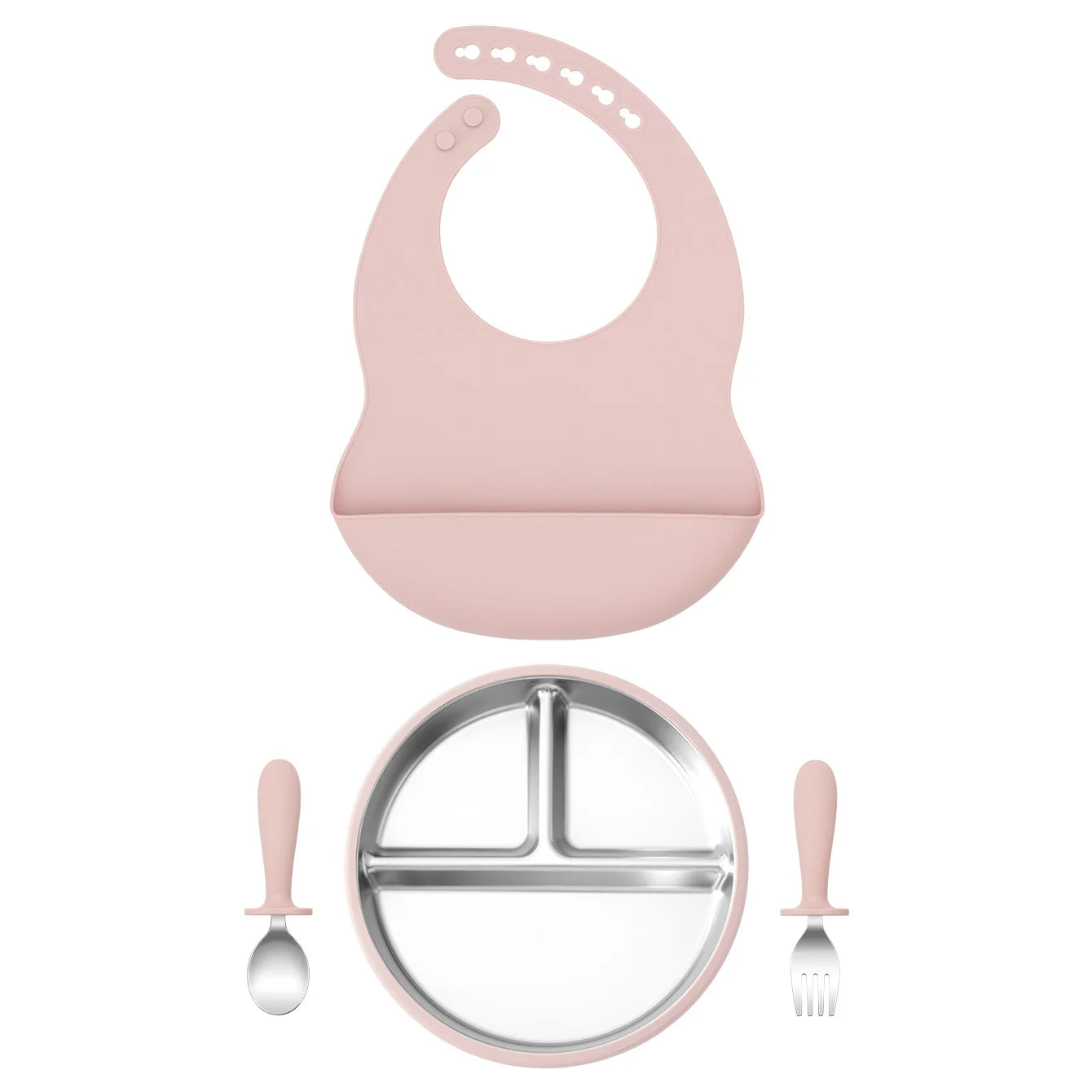 set repas bébé silicone inox 3 pièces rose clair avec assiette compartimentée cuillère et fourchette