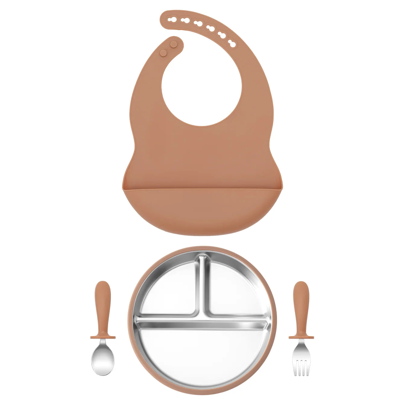 set repas bébé silicone inox 3 pièces marron avec assiette compartimentée cuillère et fourchette