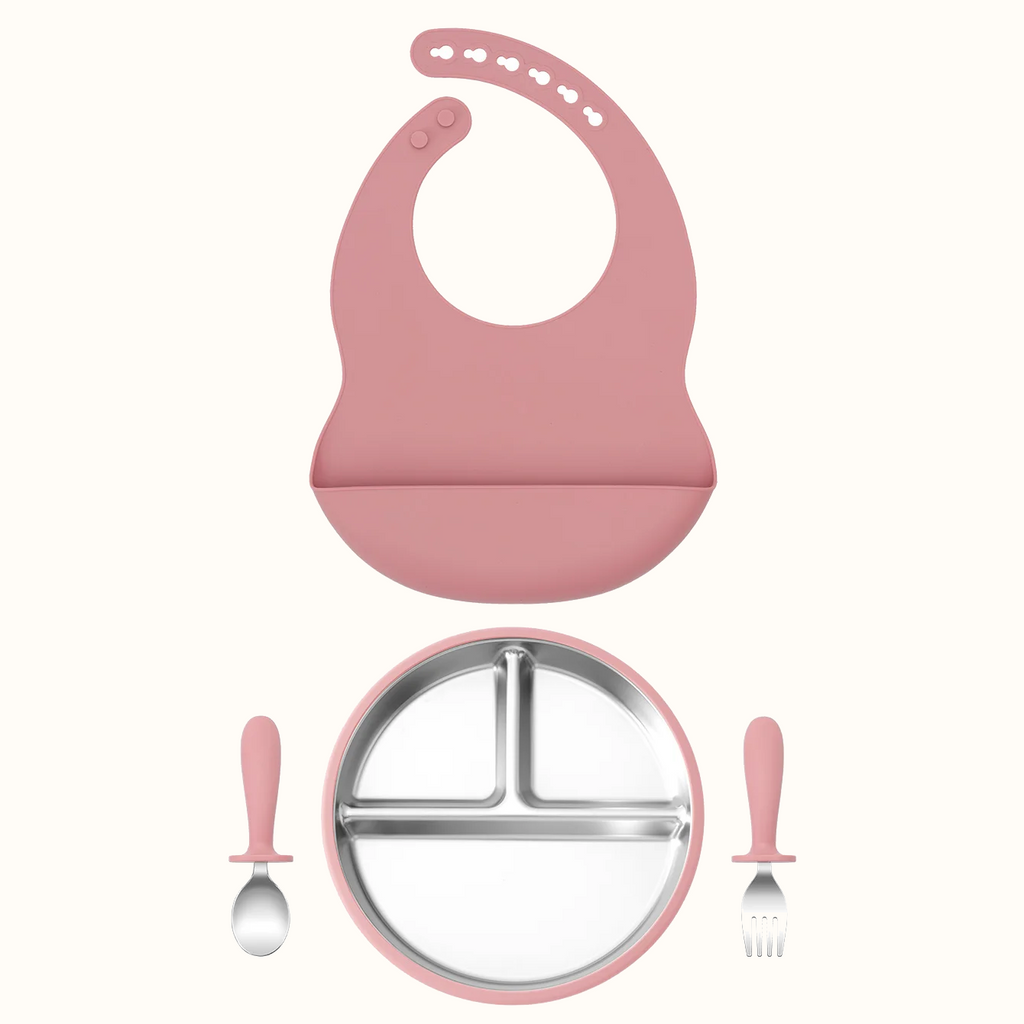 set repas bébé silicone inox 3 pièces rose avec assiette compartimentée cuillère et fourchette