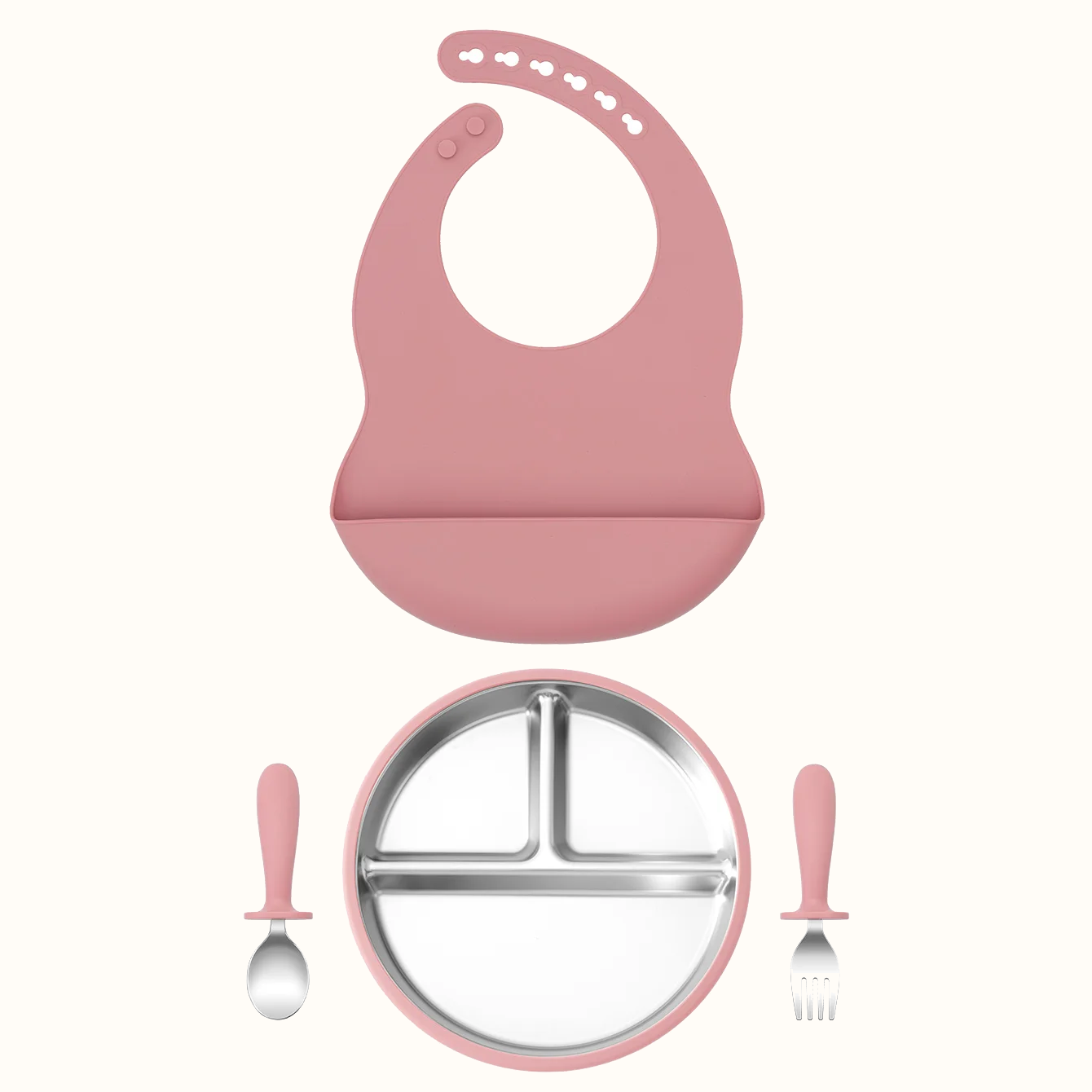 set repas bébé silicone inox 3 pièces rose avec assiette compartimentée cuillère et fourchette