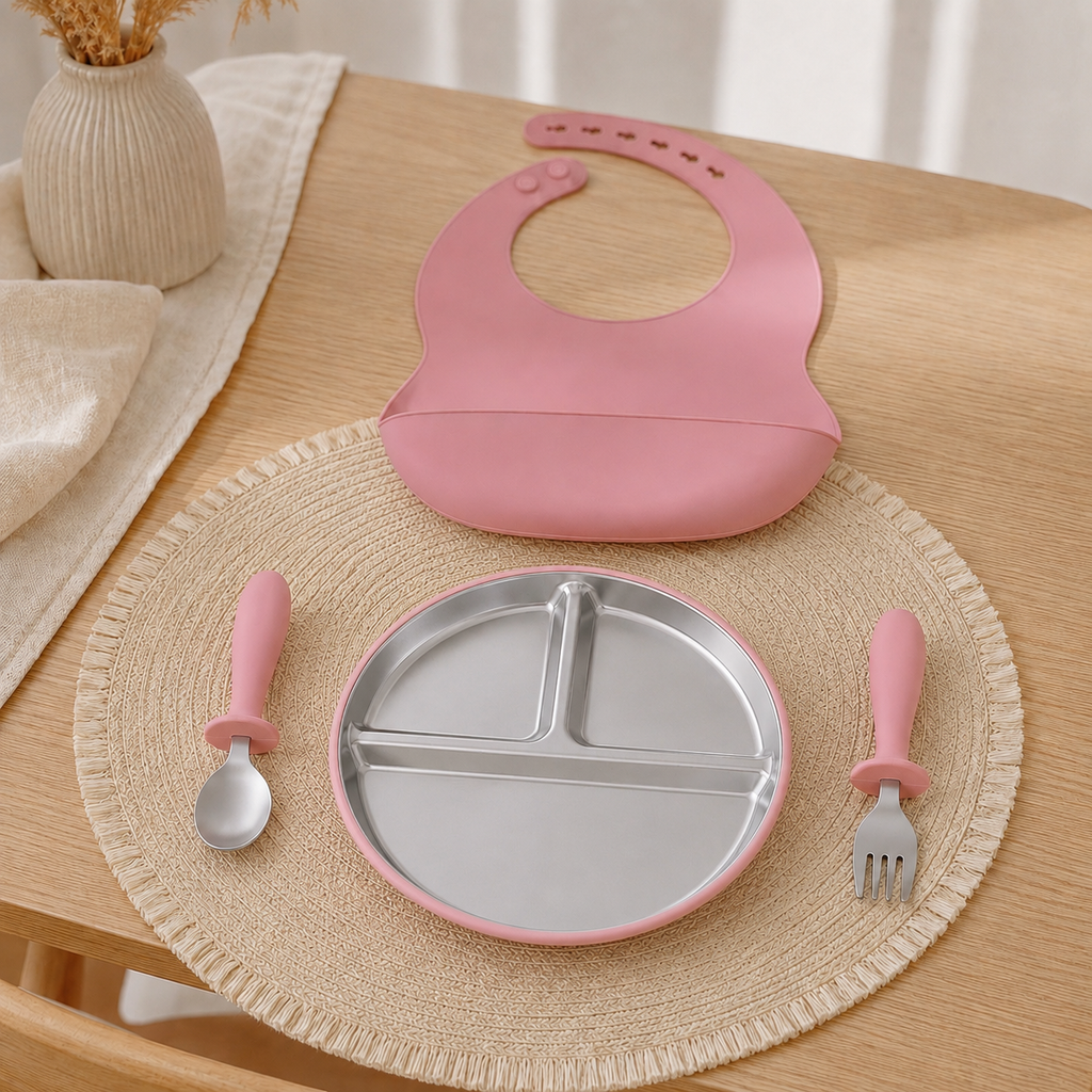 set repas bébé silicone inox 3 pièces avec assiette compartimentée cuillère et fourchette ensemble vaisselles bébé 
