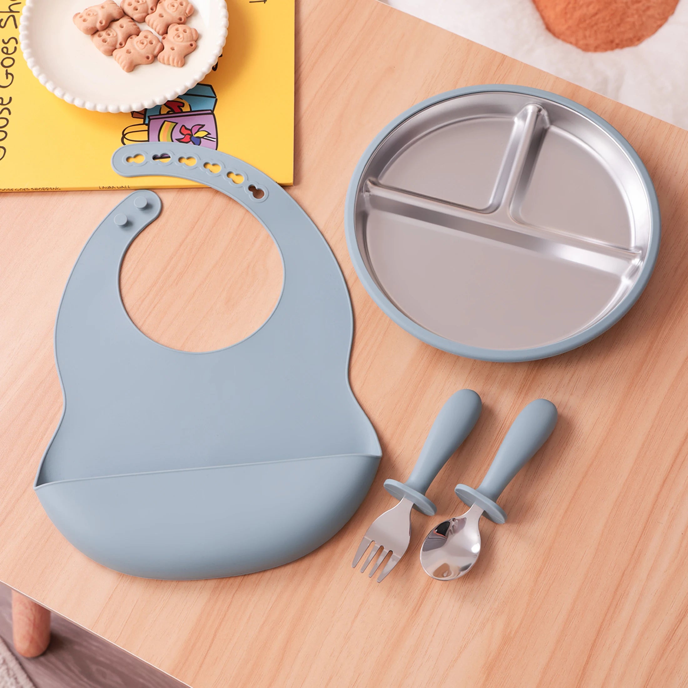 set repas bébé silicone inox 3 pièces avec assiette compartimentée cuillère et fourchette ensemble vaisselles bébé 