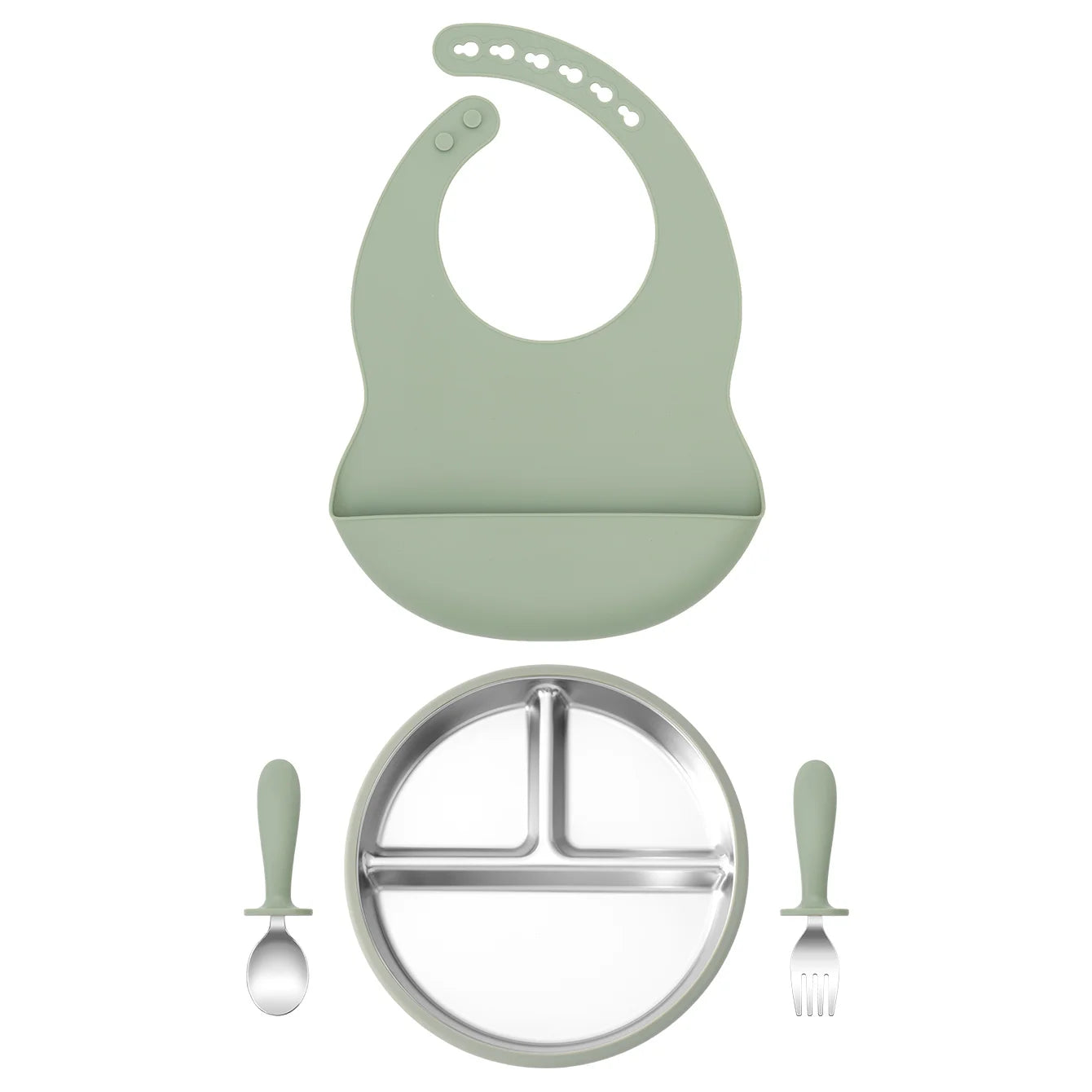 set repas bébé silicone inox 3 pièces vert avec assiette compartimentée cuillère et fourchette