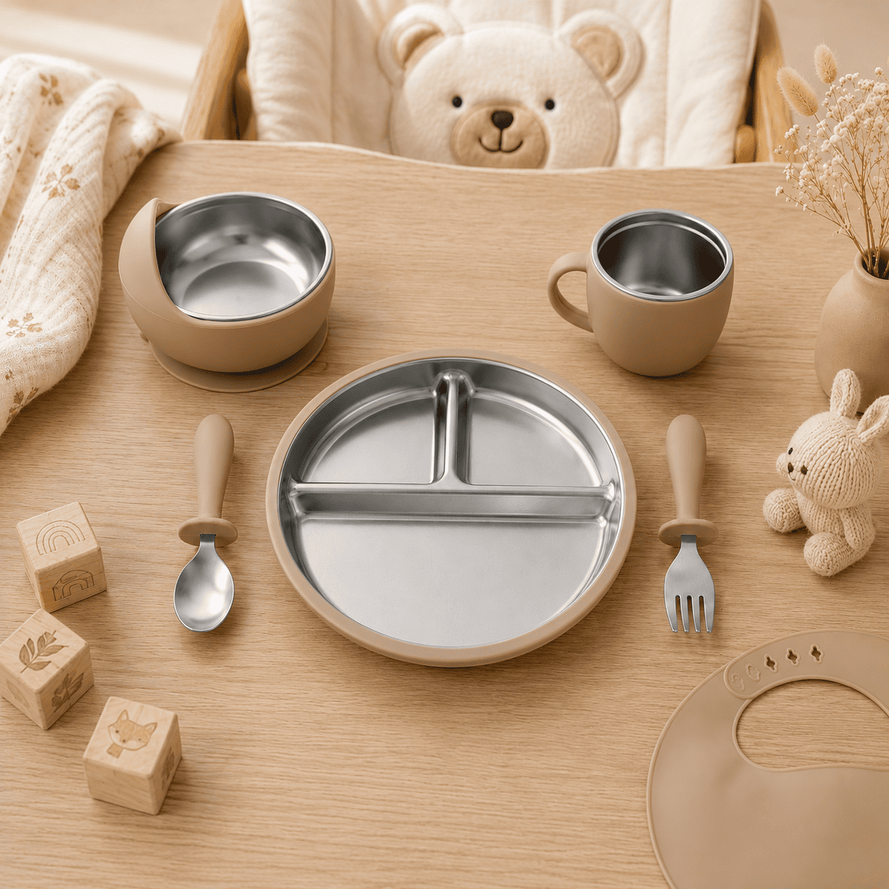 set repas bébé silicone inox 5 pièces avec assiette bol tasse kit complet