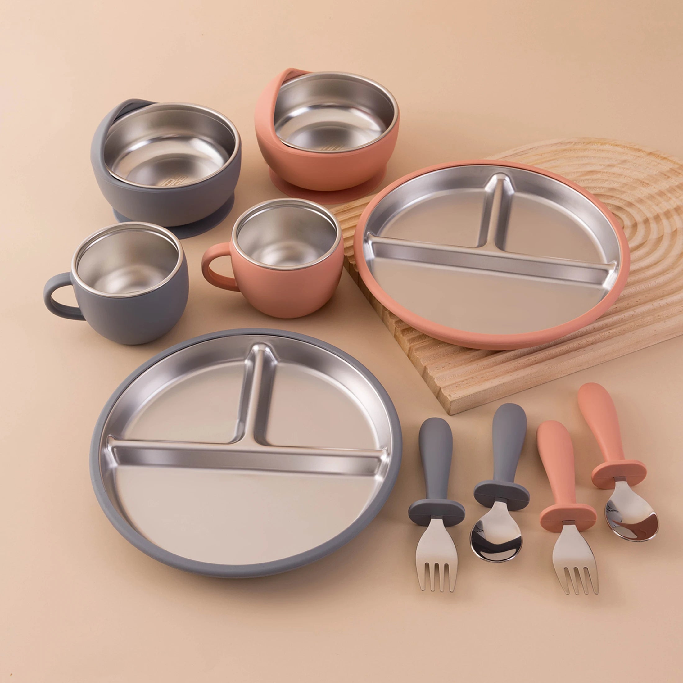 set repas bébé silicone inox 5 pièces avec assiette bol tasse kit complet